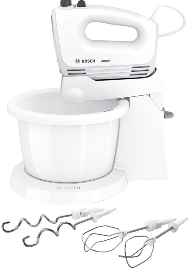 Mixer cu bol Bosch CleverMixx MFQ2600X, 400 W, 4 viteze+Turbo, Accesorii frământare, Accesorii mixare, Vas plastic, Alb/Gri inchis