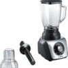 Blender de masa Bosch SilentMixx MMB64G6M, 800 W, Vas sticlă ThermoSafe 2.3 L, Spatulă, Minitocator, 3 programe automate pentru sfărâmare gheață, reglare continuă a vitezei cu indicator LED și funcție Pulse, Negru/Argintiu