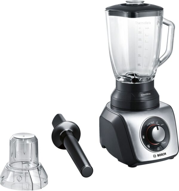 Blender de masa Bosch SilentMixx MMB64G6M, 800 W, Vas sticlă ThermoSafe 2.3 L, Spatulă, Minitocator, 3 programe automate pentru sfărâmare gheață, reglare continuă a vitezei cu indicator LED și funcție Pulse, Negru/Argintiu