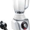 Blender de masa Bosch SilentMixx MMB66G5M, 900 W, Vas sticlă ThermoSafe 2.3 L, Spatulă, Minitocator, 3 programe automate pentru sfărâmare gheață, reglare continuă a vitezei cu indicator LED și funcție Pulse, 20.000 rpm, Alb/Argintiu