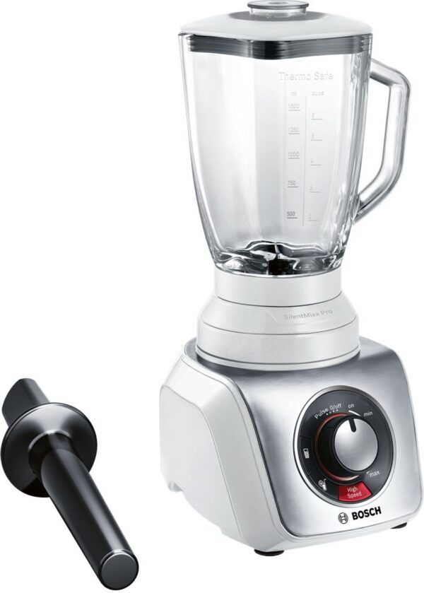 Blender de masa Bosch SilentMixx MMB66G5M, 900 W, Vas sticlă ThermoSafe 2.3 L, Spatulă, Minitocator, 3 programe automate pentru sfărâmare gheață, reglare continuă a vitezei cu indicator LED și funcție Pulse, 20.000 rpm, Alb/Argintiu