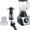 Blender de masa Bosch SilentMixx MMB66G7M, 900 W, Vas sticlă ThermoSafe 2.3 L, Filtru smoothie, Spatulă, 3 programe automate pentru sfărâmare gheață, reglare continuă a vitezei cu indicator LED și funcție Pulse, 20.000 rpm, Negru/Argintiu