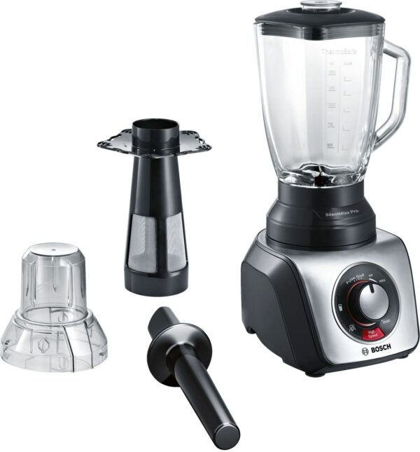 Blender de masa Bosch SilentMixx MMB66G7M, 900 W, Vas sticlă ThermoSafe 2.3 L, Filtru smoothie, Spatulă, 3 programe automate pentru sfărâmare gheață, reglare continuă a vitezei cu indicator LED și funcție Pulse, 20.000 rpm, Negru/Argintiu