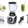 Blender de masa Bosch SilentMixx MMB66G7M, 900 W, Vas sticlă ThermoSafe 2.3 L, Filtru smoothie, Spatulă, 3 programe automate pentru sfărâmare gheață, reglare continuă a vitezei cu indicator LED și funcție Pulse, 20.000 rpm, Negru/Argintiu