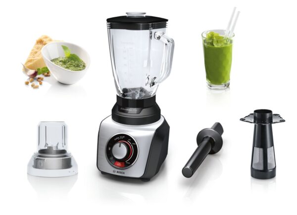 Blender de masa Bosch SilentMixx MMB66G7M, 900 W, Vas sticlă ThermoSafe 2.3 L, Filtru smoothie, Spatulă, 3 programe automate pentru sfărâmare gheață, reglare continuă a vitezei cu indicator LED și funcție Pulse, 20.000 rpm, Negru/Argintiu