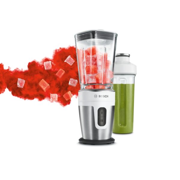 Blender de masa Bosch VitaStyle Mixx2Go MMBM7G2M, 350W, 0.6 l, Vas sticlă ThermoSafe, 2 trepte de viteză, sticlă de 500 ml, alb / inox polisat