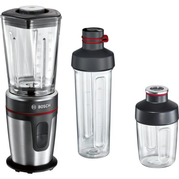 Blender de masa Bosch VitaStyle Mixx2Go MMBM7G3M, 350W, 0.6 l, Vas sticlă ThermoSafe, 2 trepte de viteză, inel LED pentru modul de operare, sticlă de 500 ml & chopper de 200 m, negru / inox polisat