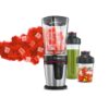 Blender de masa Bosch VitaStyle Mixx2Go MMBM7G3M, 350W, 0.6 l, Vas sticlă ThermoSafe, 2 trepte de viteză, inel LED pentru modul de operare, sticlă de 500 ml & chopper de 200 m, negru / inox polisat