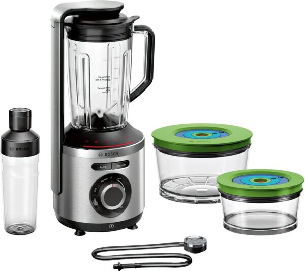 Blender Bosch Vitamaxx MMBV625M, 1000 W, 1.5 L, Lame inox, Funcție "auto", Funcție puls, Zdrobire gheata, Funcție vidare, Sticlă ToGo 0.5 L, Vase etanșare în vid (1.5l, 0.75l), Argintiu