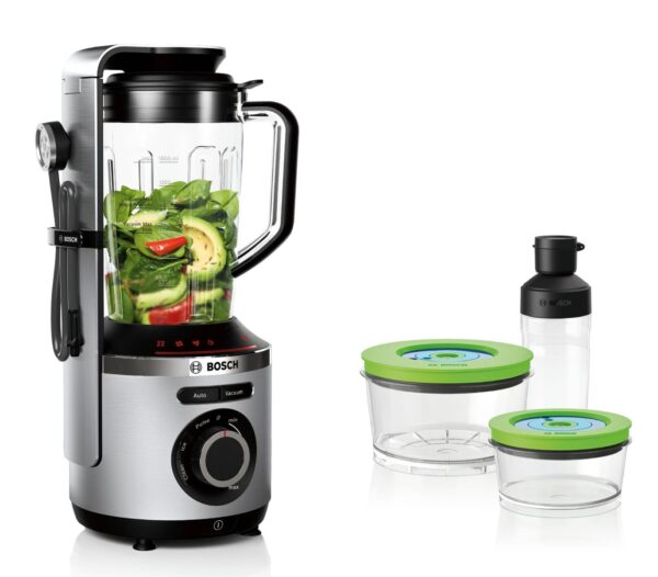 Blender Bosch Vitamaxx MMBV625M, 1000 W, 1.5 L, Lame inox, Funcție "auto", Funcție puls, Zdrobire gheata, Funcție vidare, Sticlă ToGo 0.5 L, Vase etanșare în vid (1.5l, 0.75l), Argintiu