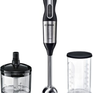 Blender de mână Bosch ErgoMixx Style MS6CM6120, 1000 W, 12 viteze, Buton Turbo, Blocare de siguranță, Minitocător 0.45 L, Vas gradat 0.6 L, Inox