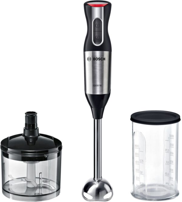 Blender de mână Bosch ErgoMixx Style MS6CM6120, 1000 W, 12 viteze, Buton Turbo, Blocare de siguranță, Minitocător 0.45 L, Vas gradat 0.6 L, Inox