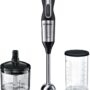 Blender de mână Bosch ErgoMixx Style MS6CM6120, 1000 W, 12 viteze, Buton Turbo, Blocare de siguranță, Minitocător 0.45 L, Vas gradat 0.6 L, Inox