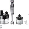 Blender de mână Bosch MaxoMixx MS8CM6190, 1000 W, 12 viteze, Funcție turbo, Accesoriu robot de bucătărie, Minitocător 0.45 L, Vas gradat 0.6 L, Tel, Inox