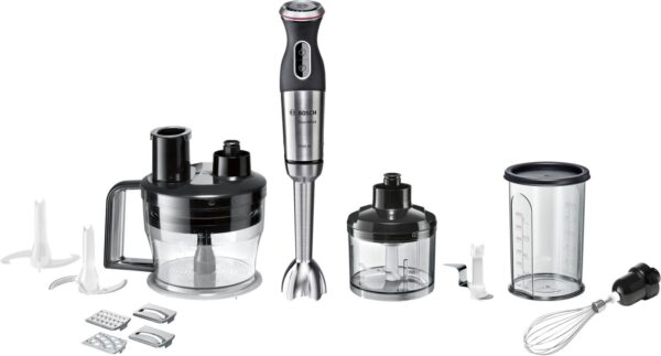 Blender de mână Bosch MaxoMixx MS8CM6190, 1000 W, 12 viteze, Funcție turbo, Accesoriu robot de bucătărie, Minitocător 0.45 L, Vas gradat 0.6 L, Tel, Inox