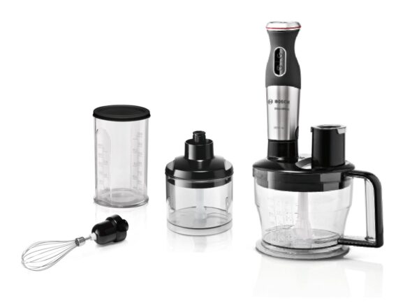 Blender de mână Bosch MaxoMixx MS8CM6190, 1000 W, 12 viteze, Funcție turbo, Accesoriu robot de bucătărie, Minitocător 0.45 L, Vas gradat 0.6 L, Tel, Inox