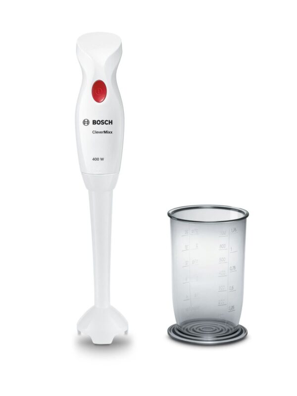 Blender Bosch CleverMixx MSM14100, 400 W, QuattroBlade, 1 viteza, vas gradat, Alb/Rosu