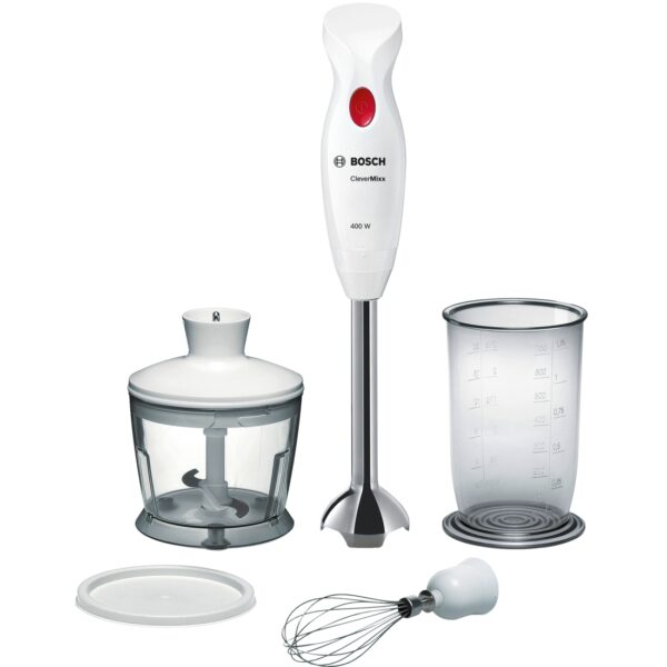 Blender Bosch CleverMixx MSM24500, 400 W, QuattroBlade, 1 viteza, minitocător cu capac, vas de mixare cu gradații, tel , Alb