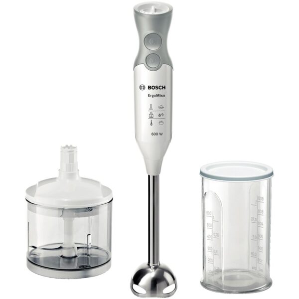 Blender de mana Bosch MSM66120, 600W, 12 viteze + functie Turbo, Vas mixare, Minitocator, Alb / Gri