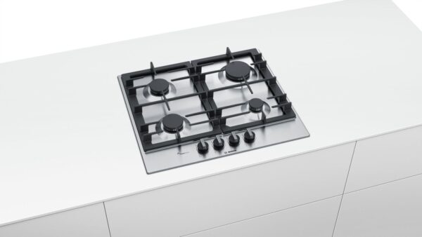 Plita incorporabila Bosch PCP6A5B90, Serie 6, 60 cm, inox, plita pe gaz cu tehnologie FlameSelect, 4 arzatoare, suporturi din fonta