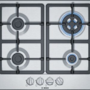 Plită incorporabilă Bosch Serie 4 PGH6B5B90, Gaz, 4 arzătoare, Arzător Wok, Aprindere la 1 singură mână, Siguranţă flacără, Grătare fontă, 60 cm, Inox