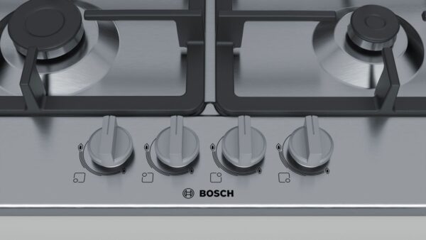 Plită incorporabilă Bosch Serie 4 PGP6B5B90, Gaz, 4 arzătoare, Aprindere la 1 singură mână, Siguranţă flacără, Grătare fontă, 60 cm, Inox