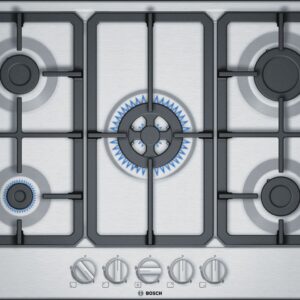 Plită incorporabilă Bosch Serie 4 PGQ7B5B90, Gaz, 5 arzătoare, Aprindere la 1 singură mână, Siguranţă flacără, Arzător Wok, Grătare fontă, 75 cm, Inox