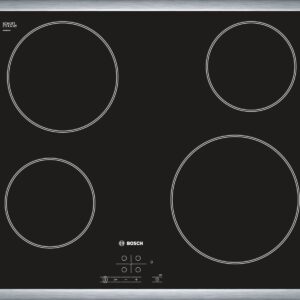 Plita incorporabila Bosch PKE645B17E, Serie 4, 60 cm, plita vitroceramica radianta, control TouchSelect, 4 zone de gatit HighSpeed, rama decor