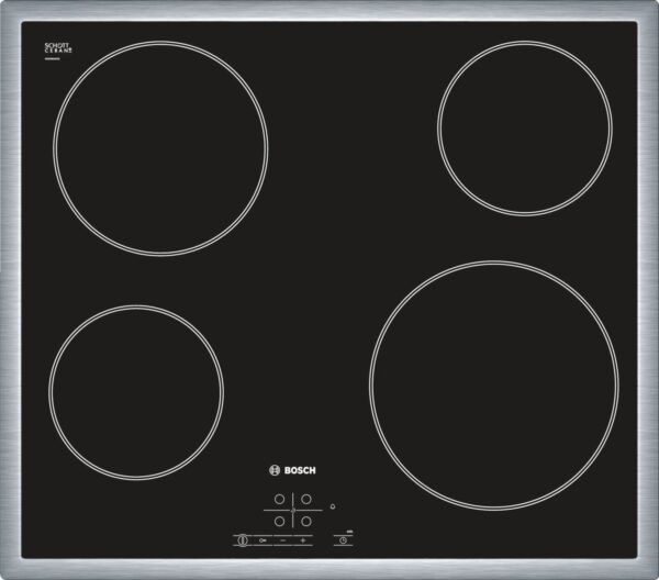 Plita incorporabila Bosch PKE645B17E, Serie 4, 60 cm, plita vitroceramica radianta, control TouchSelect, 4 zone de gatit HighSpeed, rama decor