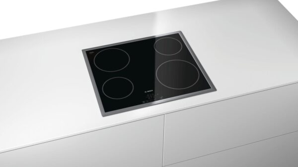 Plita incorporabila Bosch PKE645B17E, Serie 4, 60 cm, plita vitroceramica radianta, control TouchSelect, 4 zone de gatit HighSpeed, rama decor