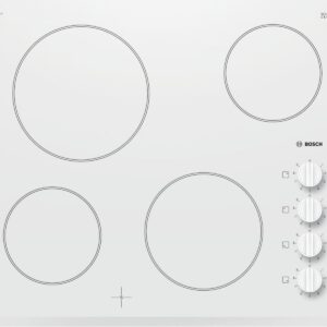 Plită incorporabilă Bosch Serie 2 PKE652CA1E, 60 cm, Vitroceramica, 4 zone electrice HighSpeed, Butoane laterale, Alba