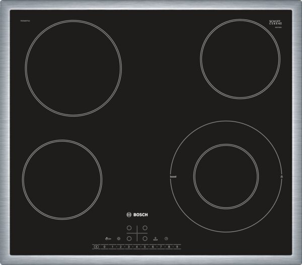 Plita incorporabila Bosch PKF645FP1E, Serie 6, 60 cm, plita vitroceramica radianta, control DirectSelect, 4 zone de gatit HighSpeed (1 cu dublu circuit), PowerBoost