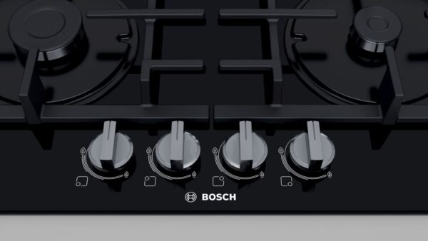 Plită incorporabilă Bosch Serie 4 PNP6B6B90, Gaz, 4 arzătoare, Aprindere la 1 singură mână, Siguranţă flacără, Grătare fontă, 60 cm, Sticlă termorezistentă neagră