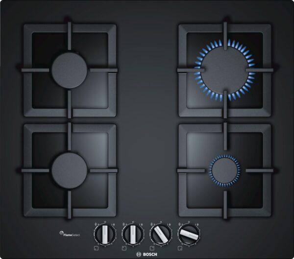 Plita incorporabila Bosch PPP6A6B20, Serie 6, 60 cm, sticla neagra, plita pe gaz cu tehnologie FlameSelect, 4 arzatoare, suporturi independente din fonta