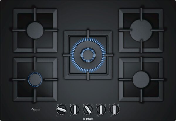 Plita incorporabila Bosch PPQ7A6B20, Serie 6, 75 cm, sticla neagra, plita pe gaz cu tehnologie FlameSelect, 5 arzatoare, 1 WOK, suporturi independente din fonta