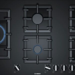 Plită incorporabilă Bosch Serie 6 PPS9A6B90, 90 cm, 5 arzatoare gaz (1 WOK) FlameSelect, Suporturi din fonta, Sticlă cuarț termorezistentă securizată, negru