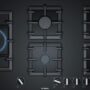 Plită incorporabilă Bosch Serie 6 PPS9A6B90, 90 cm, 5 arzatoare gaz (1 WOK) FlameSelect, Suporturi din fonta, Sticlă cuarț termorezistentă securizată, negru