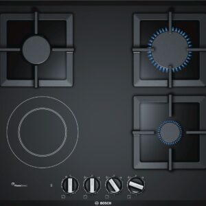 Plita incorporabila Bosch PSY6A6B20, Serie 6, 60 cm, mixta (3 arzatoare gaz, 1 zona de gatit radianta HighSpeed), FlameSelect, suprafata vitroceramica, suporturi din fonta