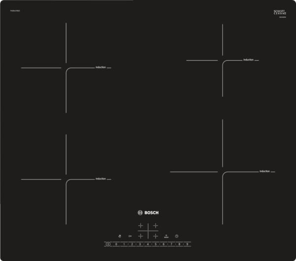 Plita incorporabila Bosch PUE611FB1E, Inductie, 4 Zone de gatit, Touch control, 60 cm, Sticla neagra