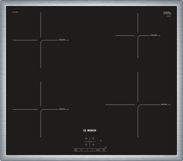 Plita incorporabila Bosch PUE645BB2E, Serie 4, 60 cm, plita vitroceramica cu inductie, control TouchSelect, 4 zone de gatit prin inductie, PowerBoost, rama design