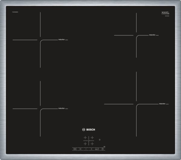Plita incorporabila Bosch PUE645BB2E, Serie 4, 60 cm, plita vitroceramica cu inductie, control TouchSelect, 4 zone de gatit prin inductie, PowerBoost, rama design