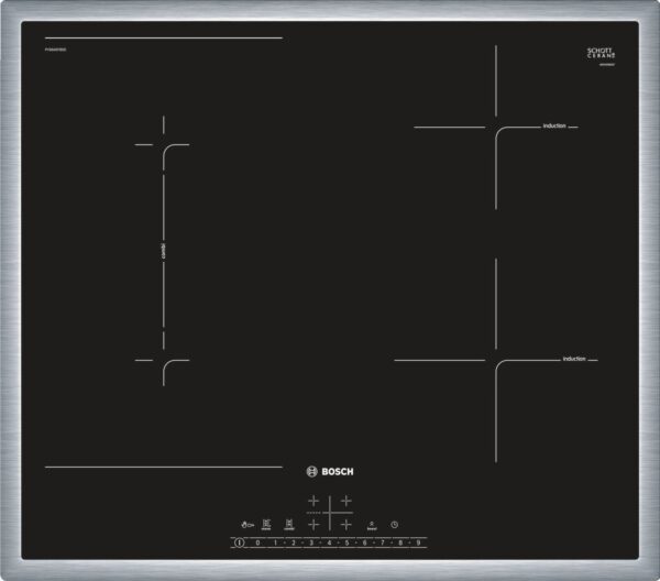 Plită incorporabilă Bosch Serie 6 PVS645FB5E, Inductie, 4 zone de gătit, Funcţie CombiZone, Funcţie PowerBoost, 17 nivele de putere, Oprire automată, Control touch, 60 cm, Sticlă ceramică neagră, Ramă inox