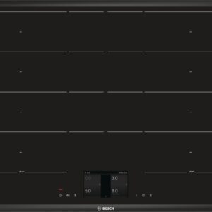 Plită incorporabilă Bosch Serie 8 PXY875KW1E, 80 cm, Vitroceramica, 4 zone inductie, 2 zone de gatit FlexInduction Plus, Afisaj TFT TouchDisplay Plus, PerfectFry, Neagra