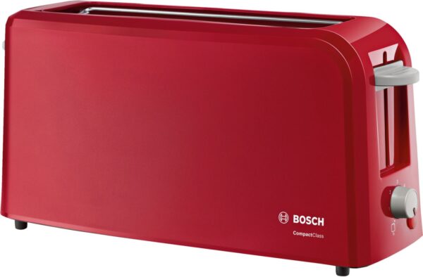 Prajitor de paine Bosch CompactClass TAT3A004, 980 W, fanta lunga, 2 felii, reglaj electronic, suport chifle integrat, Rosu