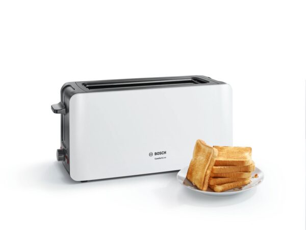 Prajitor de paine Bosch ComfortLine TAT6A001, 1090 W, fanta lunga, 2 felii, reglaj electronic, suport chifle integrat, Alb/gri