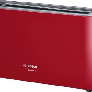 Prajitor de paine Bosch ComfortLine TAT6A004, 1090 W, fanta lunga, 2 felii, reglaj electronic, suport chifle integrat, Rosu/gri