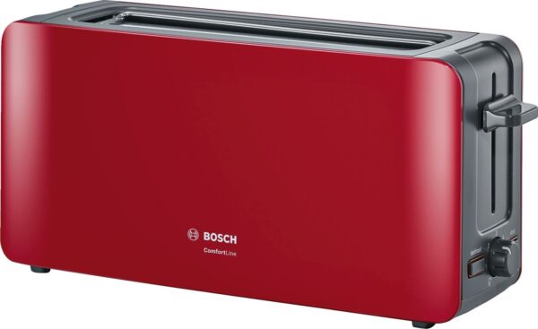 Prajitor de paine Bosch ComfortLine TAT6A004, 1090 W, fanta lunga, 2 felii, reglaj electronic, suport chifle integrat, Rosu/gri