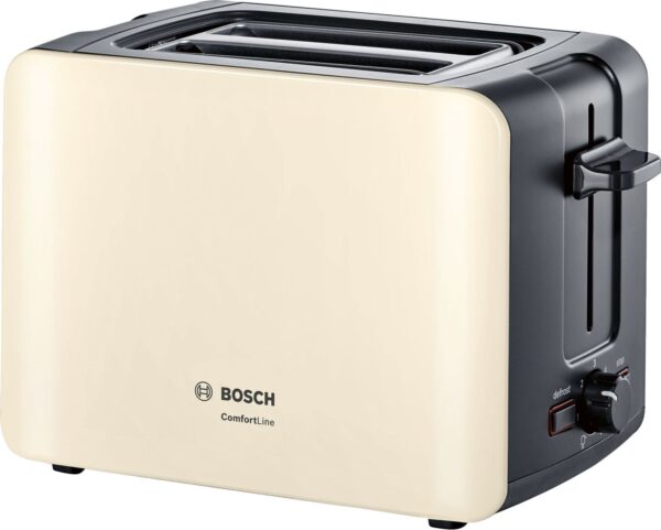 Prajitor de paine Bosch ComfortLine TAT6A117, 1090 W, compact, 2 felii, reglaj electronic, suport chifle integrat, cream/gri închis