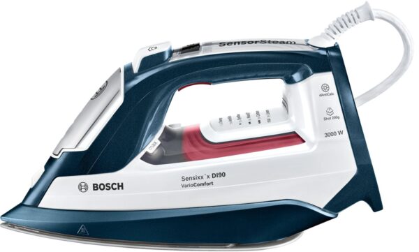 Fier de calcat Bosch TDI953022V, 3000 W, 0.31 L, Jet abur 200 g, Debit abur 60 g/min., AutoSteam, Talpă CeraniumGlissée, i-Temp Advanced, Display TempOK, 4AntiCalc, Albastru/Alb
