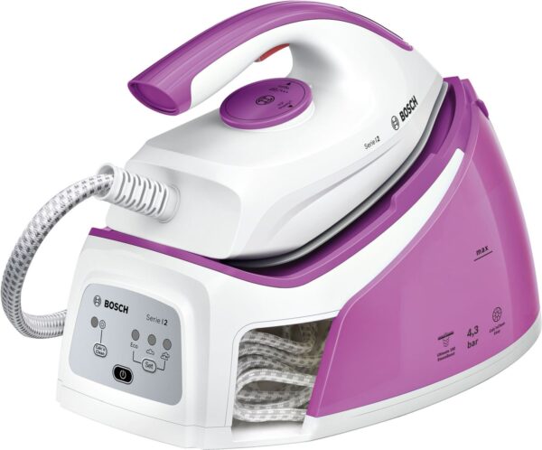 Statie de calcat Bosch Serie 2 TDS2110, 2400 W, Palladium-Glissée, 4,3 bar, i-Temp Advanced, super-jet abur 180 g/min, 1,5 l, Calc'nClean Easy, Eco, alb/roz